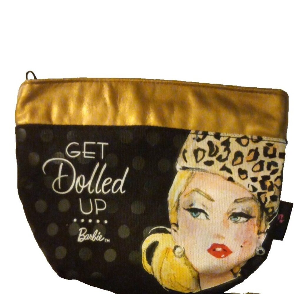 Mattel Barbie "Dolled-Up" Black & Gold Zippered Makeup Cosmetic Bag